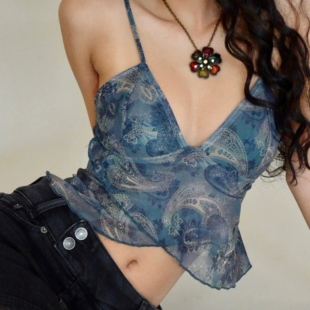 Zara Spring Backless Mesh Print Cami Loose Fit Top